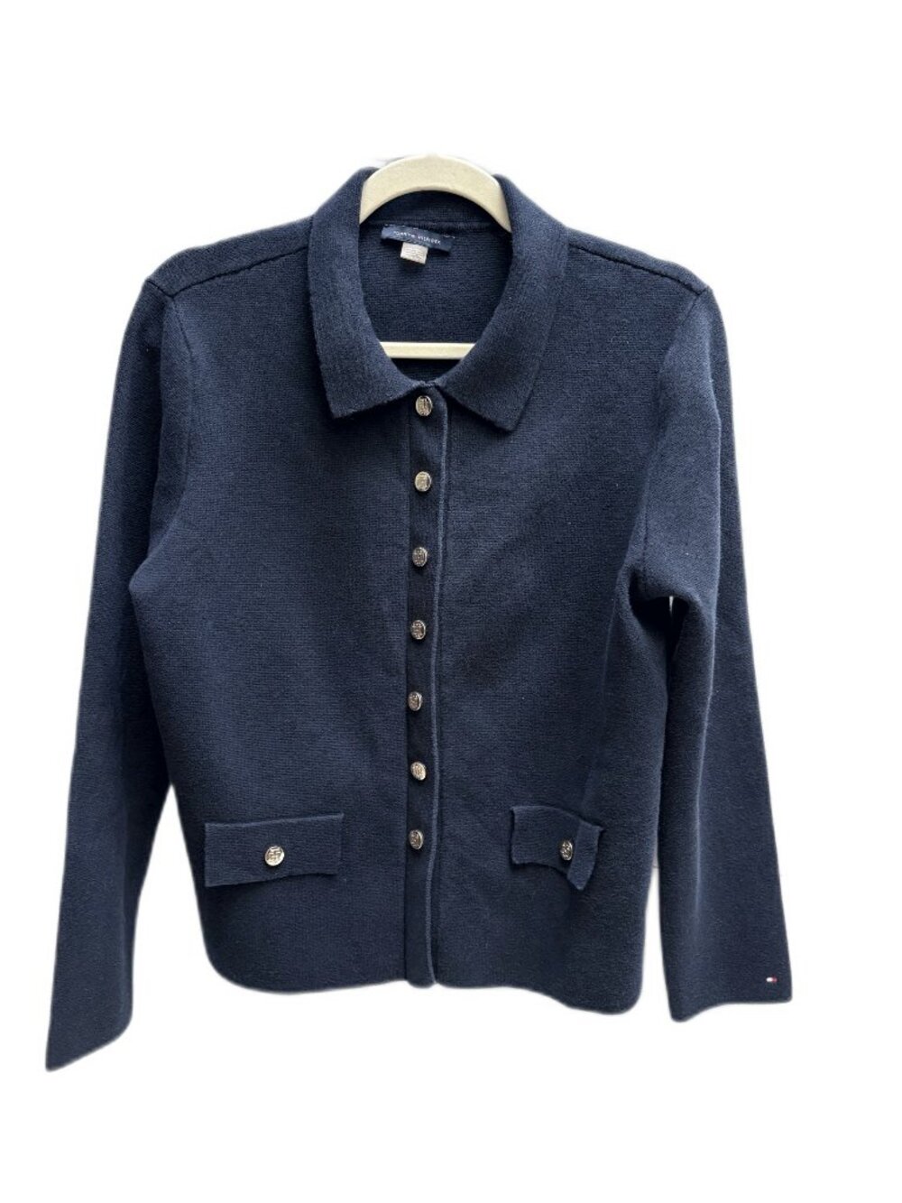 Tommy Hilfiger Collared Knit Cardigan Navy Gold Crest Buttons Flap Pockets M